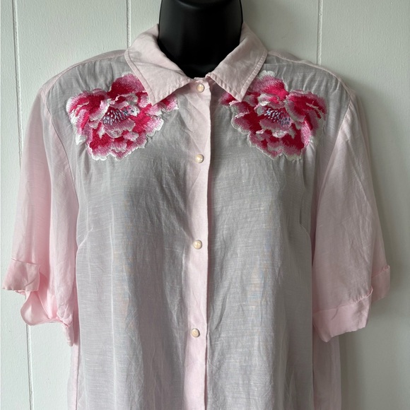 SANDRO Pink Floral Linen Shirt With Embroidery | Size XS - Picture 5 of 10